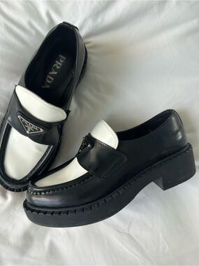 Prada Black & White Leather Platform Loafers